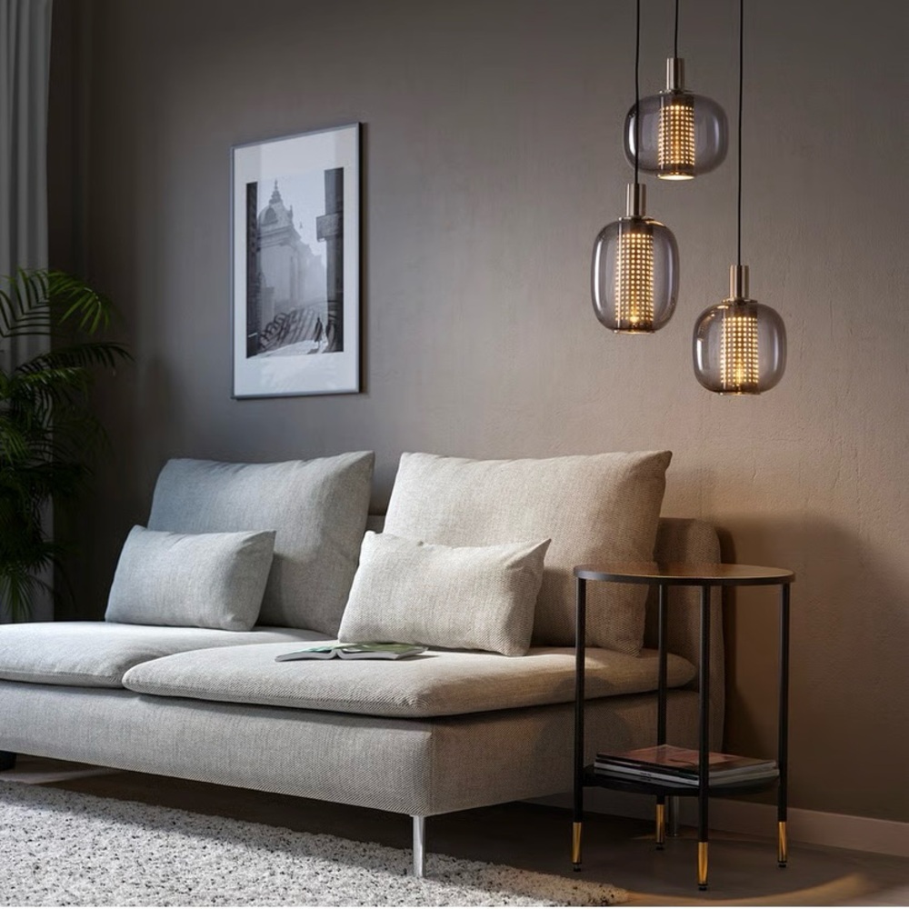 BNIB IKEA HÖGVIND Pendant lamp w/ 3 lamps, nickel/gray glass, 16" (3 Available) - Picture 4 of 10